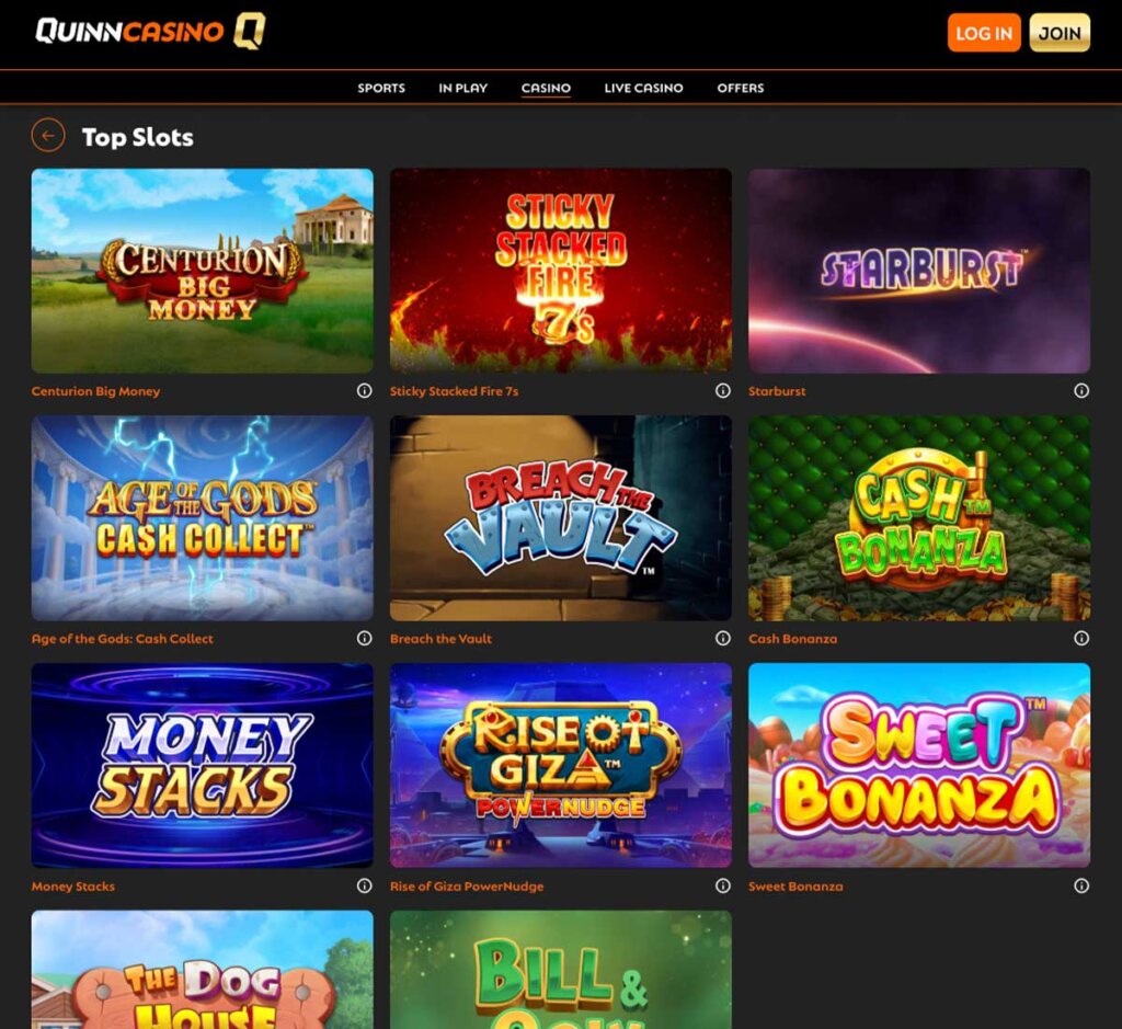 Quinn Casino desktop slots screenshot showing featured games, categories and navigation – tested Quinn Casino desktop slots screenshot showing featured games, categories and navigation – tested