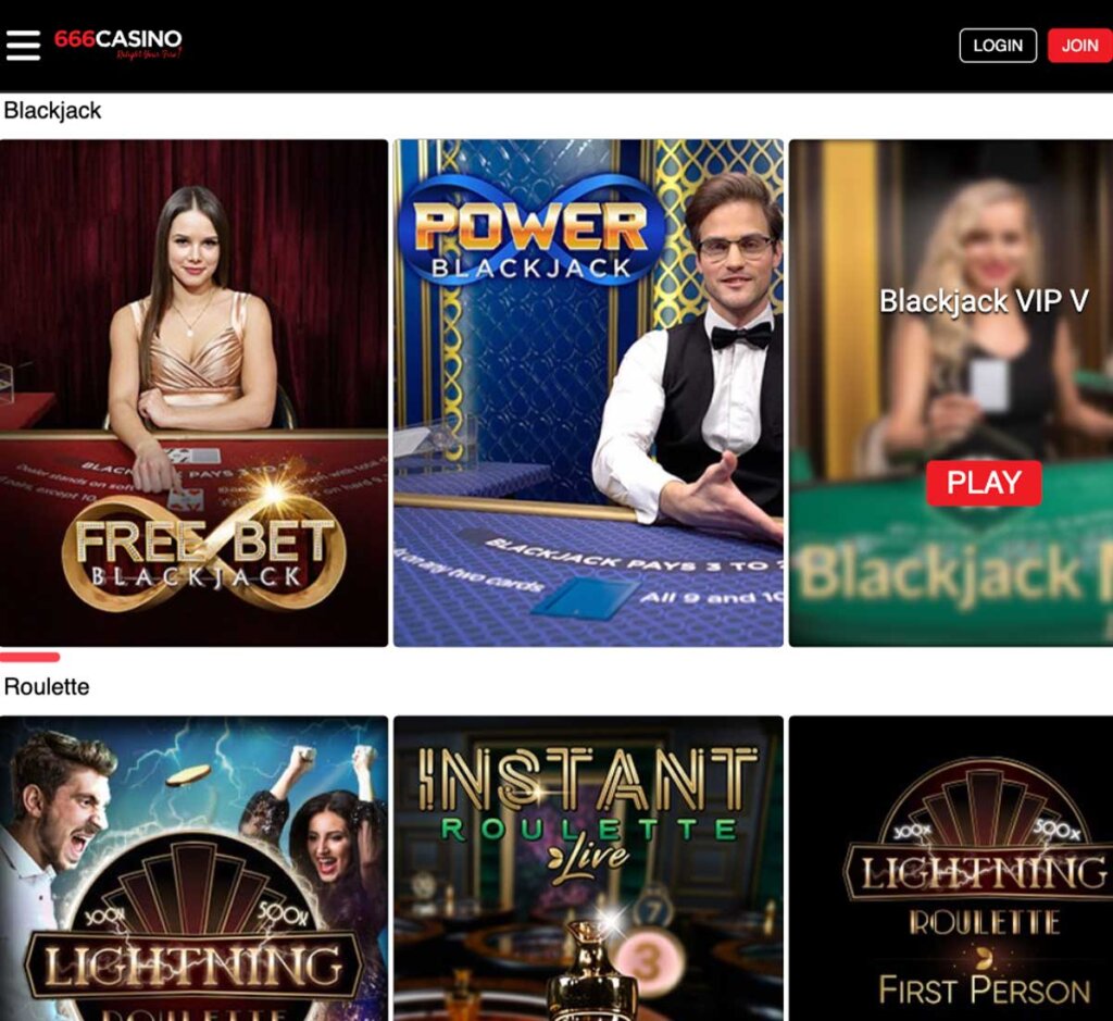 666 Casino desktop live casino screenshot displaying games collection with real-dealer tables including roulette, blackjack and baccarat in lobby view – tested
