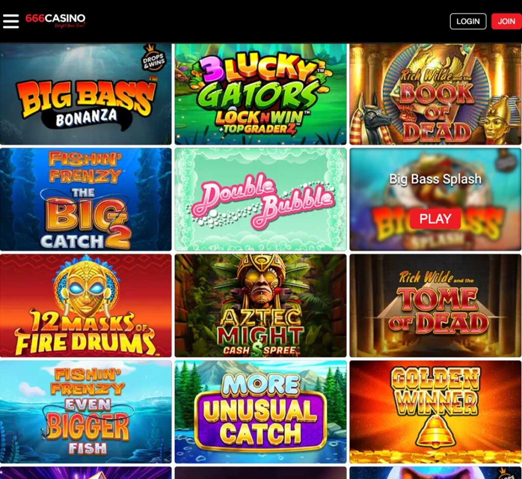 666 Casino desktop interface screenshot showing slots variety review with featured games, categories and provider details – tested