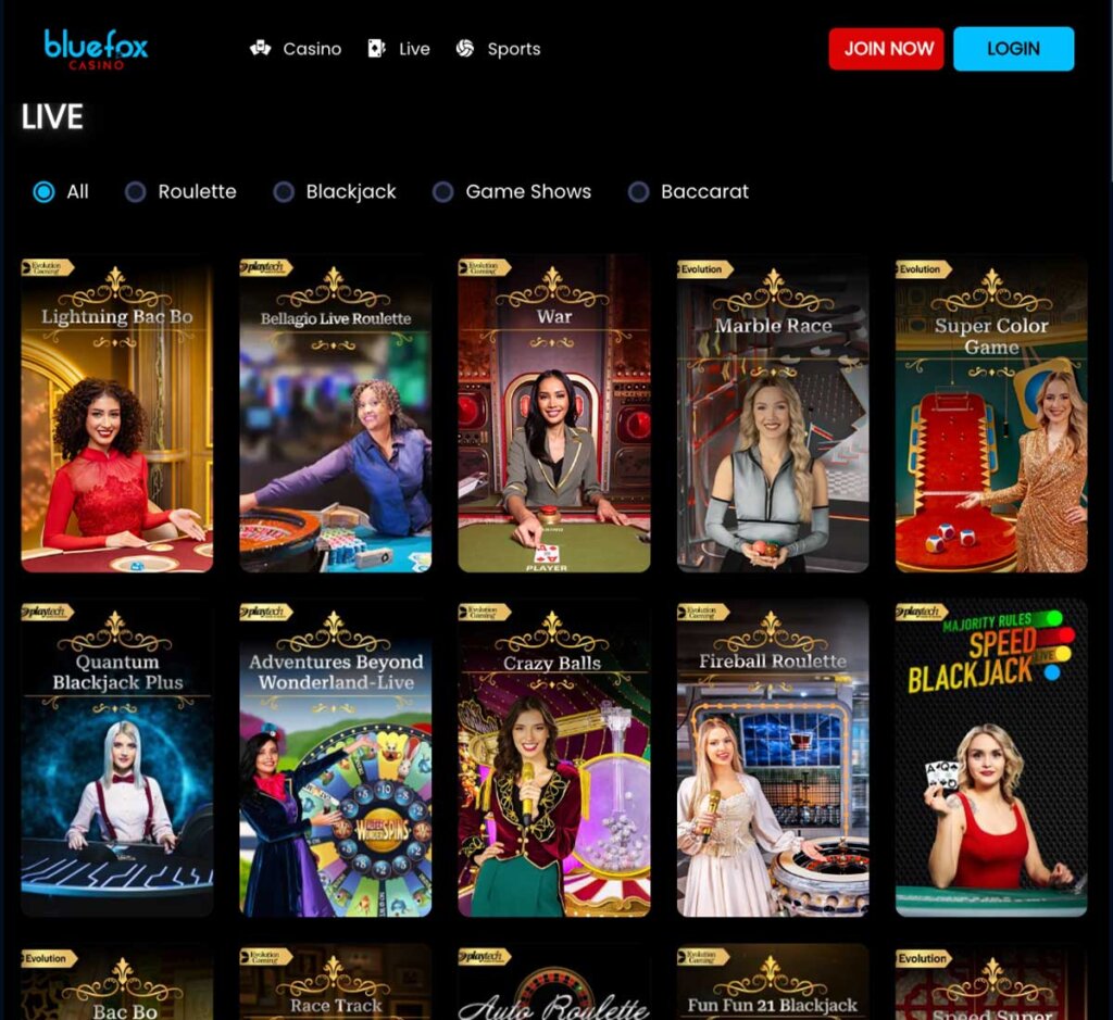 BlueFox Casino desktop live casino screenshot displaying real-dealer tables including roulette, blackjack and baccarat with lobby navigation – tested BlueFox Casino desktop live casino screenshot displaying real-dealer tables including roulette, blackjack and baccarat with lobby navigation – tested
