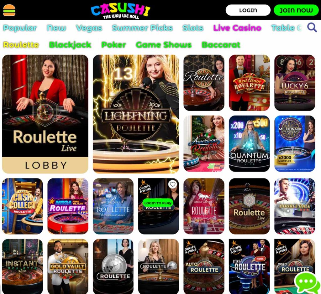 Casushi Casino desktop live casino screenshot displaying real-dealer tables including roulette, blackjack and baccarat with lobby navigation – tested