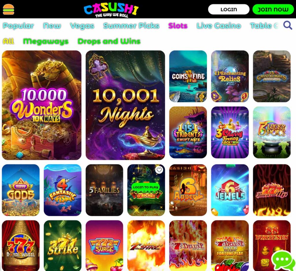 Casushi Casino desktop interface screenshot showing slots variety review with featured titles, categories and game providers – tested