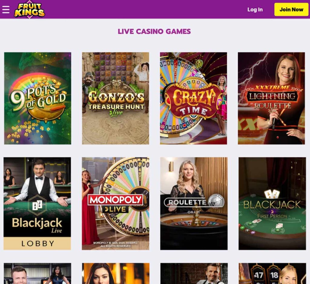 FruitKings Casino desktop live casino screenshot displaying real-dealer tables including roulette, blackjack and baccarat with lobby navigation – tested