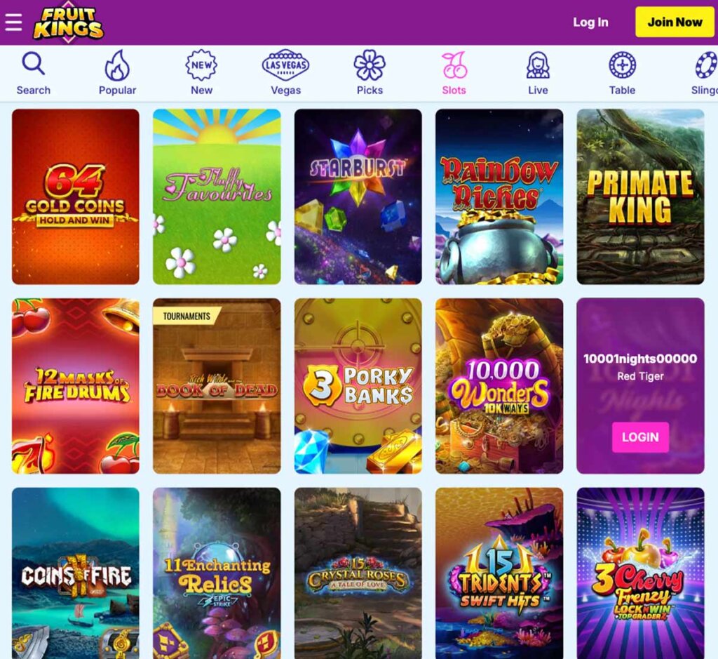FruitKings Casino desktop interface screenshot showing slots variety with featured titles, categories and game providers – tested