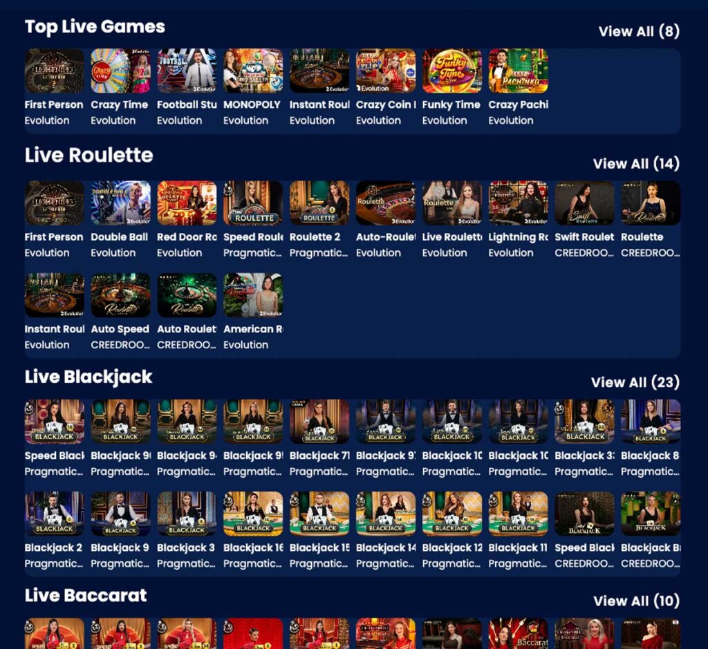 Highbet Casino desktop live casino screenshot displaying real-dealer tables including roulette, blackjack and baccarat with lobby navigation – tested