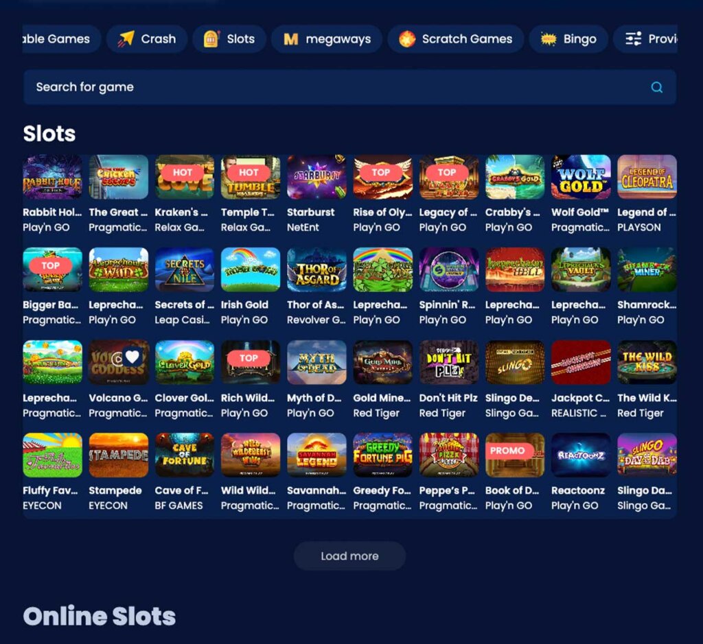 Highbet Casino desktop interface screenshot showing slots variety with featured titles, categories and game providers – tested