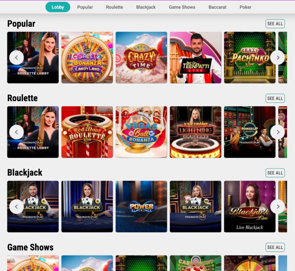 Karamba Casino desktop live casino screenshot displaying real-dealer tables including roulette, blackjack and baccarat with lobby navigation – tested