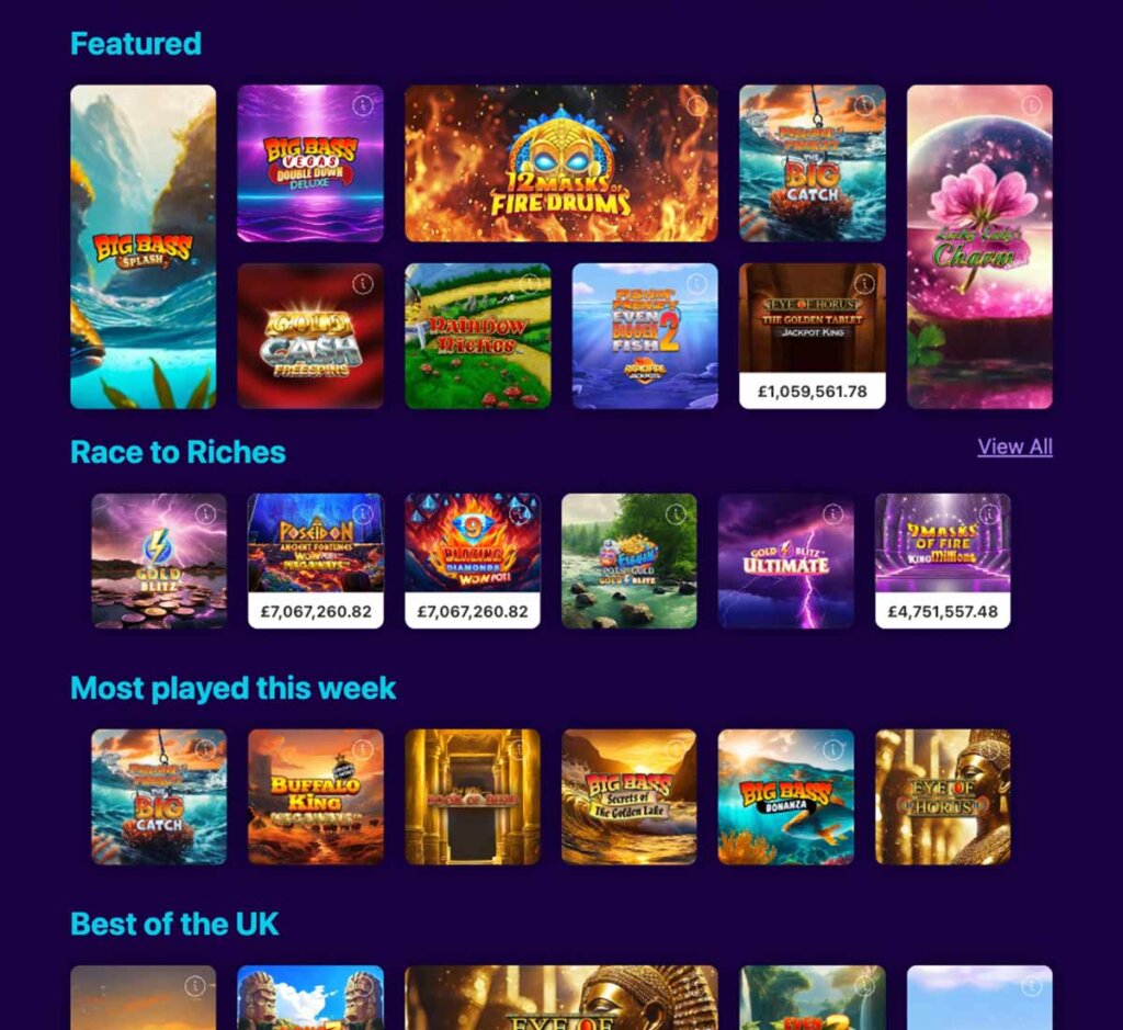 Magical Vegas Casino desktop interface screenshot showing slots variety with featured titles, categories and game providers – tested