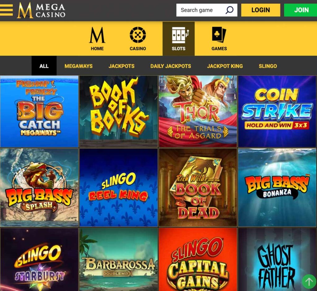 Mega Casino desktop interface screenshot showing slots variety with featured titles, categories and game providers – tested