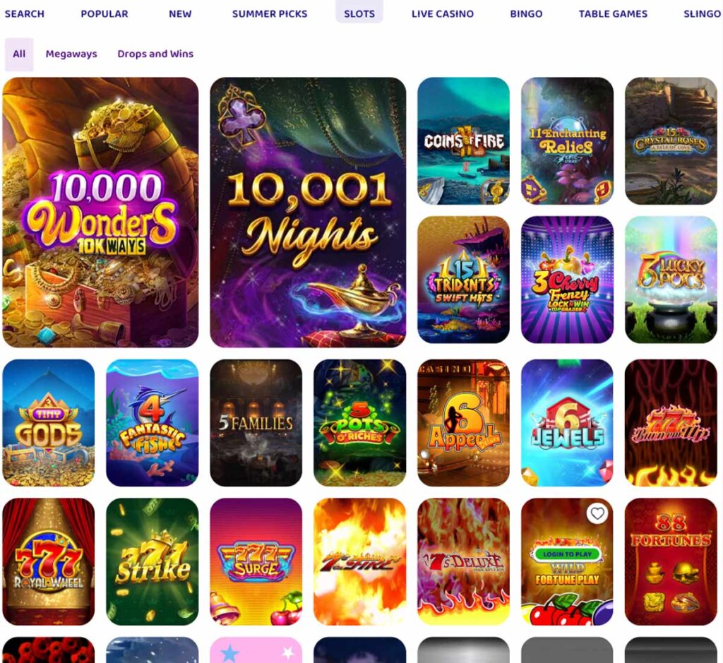 Peachy Games Casino desktop interface screenshot showing slots variety with featured titles, categories and game providers – tested