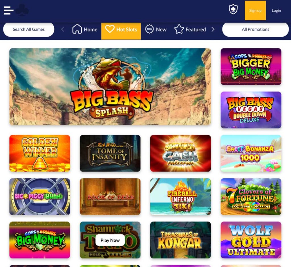 PlayUK Casino desktop interface screenshot showing slots variety with featured titles, categories and game providers – tested