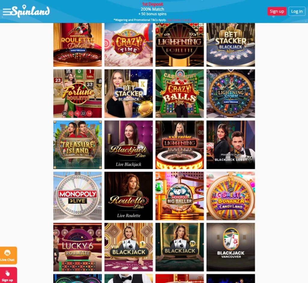 Spinland Casino desktop live casino screenshot with multiple tables – tested