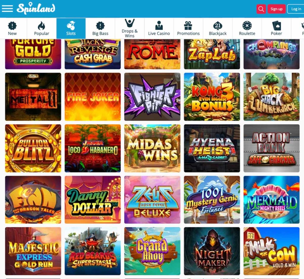 Spinland Casino desktop slot selection screenshot – tested