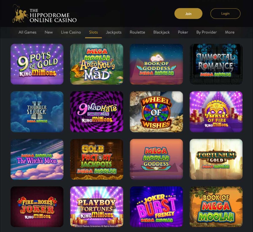 The Hippodrome Casino desktop interface screenshot showing slots variety with featured titles, categories and game providers – tested The Hippodrome Casino desktop interface screenshot showing slots variety with featured titles, categories and game providers – tested