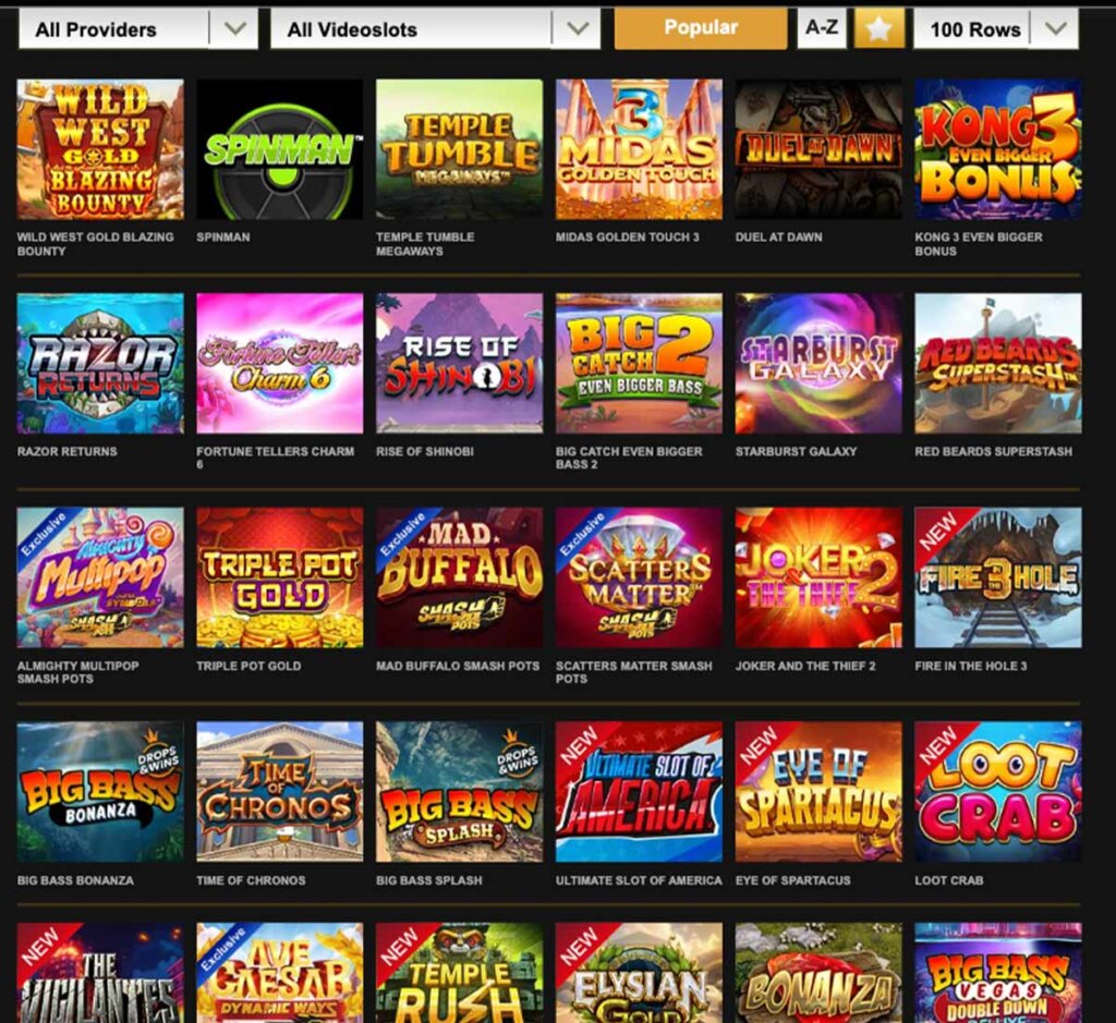 Videoslots Casino desktop screenshot showing variety of slot games and platform interface - tested