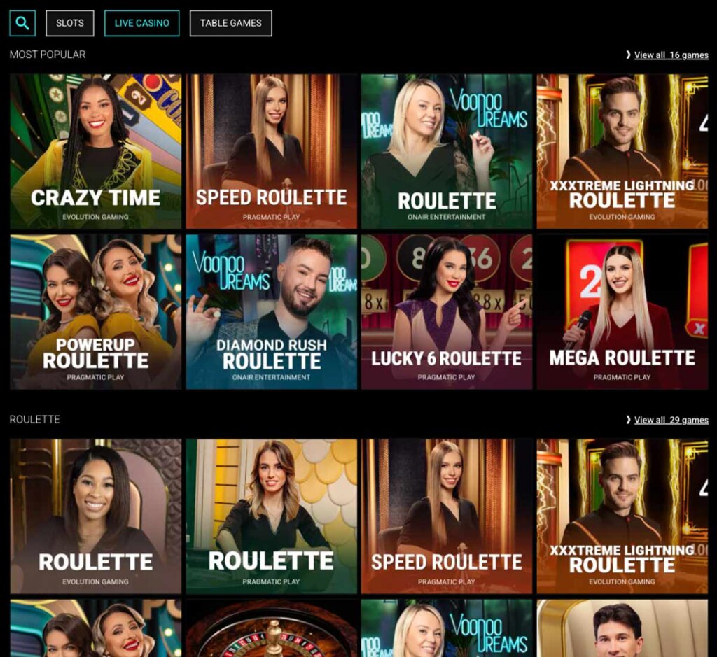 VoodooDreams Casino desktop screenshot showing live dealer game collection and tables - tested VoodooDreams Casino desktop screenshot showing live dealer game collection and tables - tested