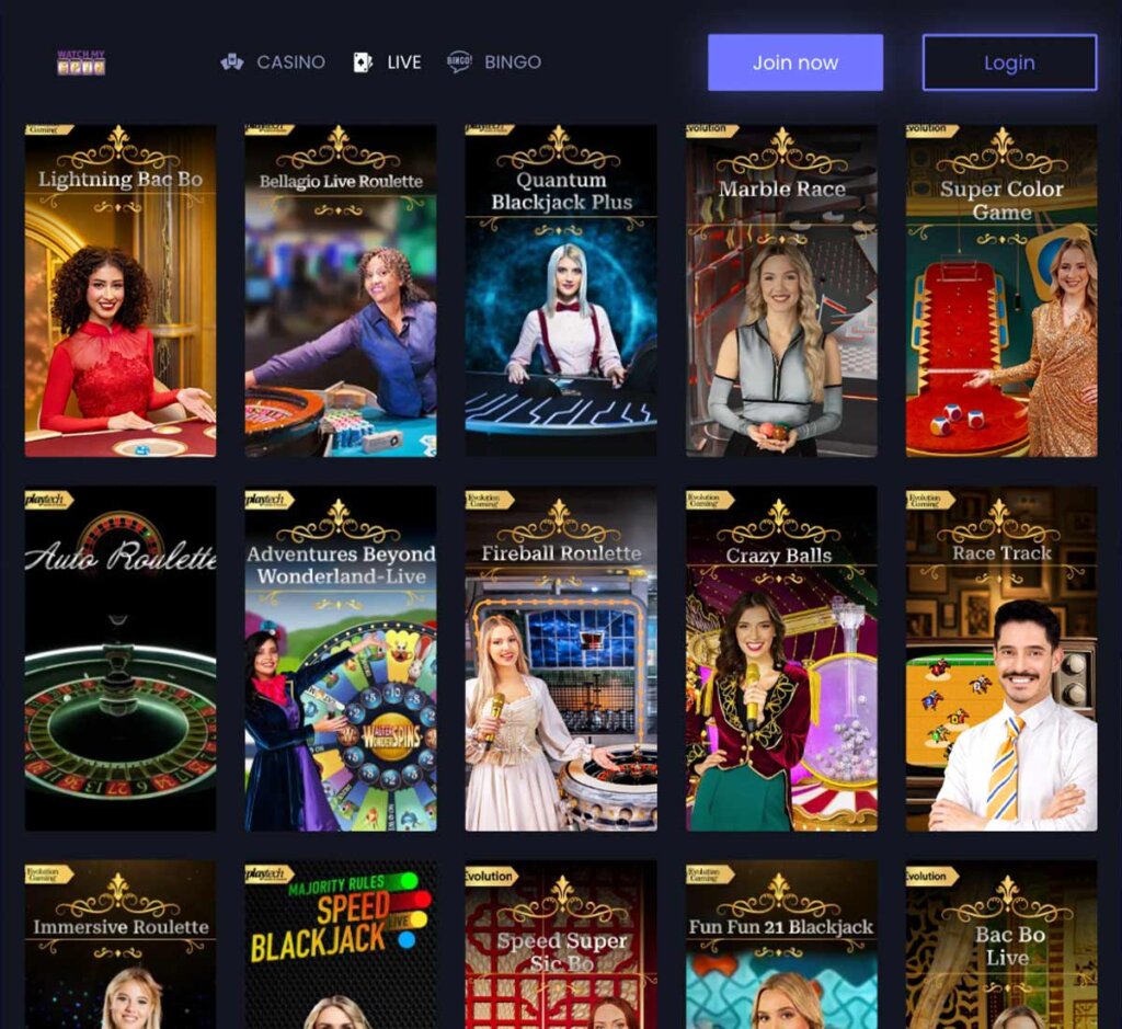 WatchMySpin Casino desktop screenshot showing live dealer game collection and tables - tested WatchMySpin Casino desktop screenshot showing live dealer game collection and tables - tested