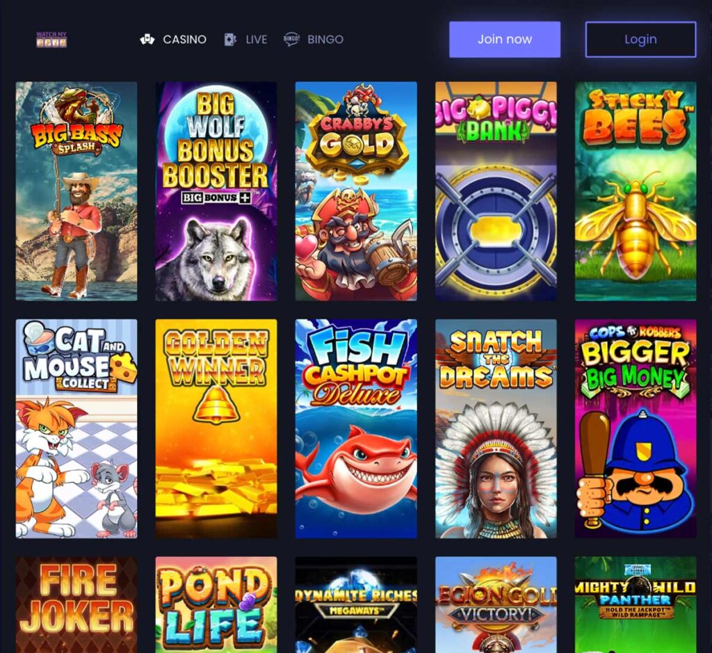 WatchMySpin Casino desktop screenshot showing variety of slot games and platform interface - tested WatchMySpin Casino desktop screenshot showing variety of slot games and platform interface - tested