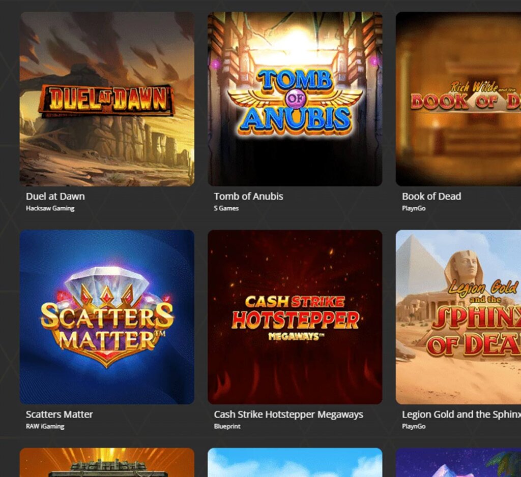 Blackjack City Casino desktop interface screenshot showing slots variety review with featured titles, categories and game providers – tested