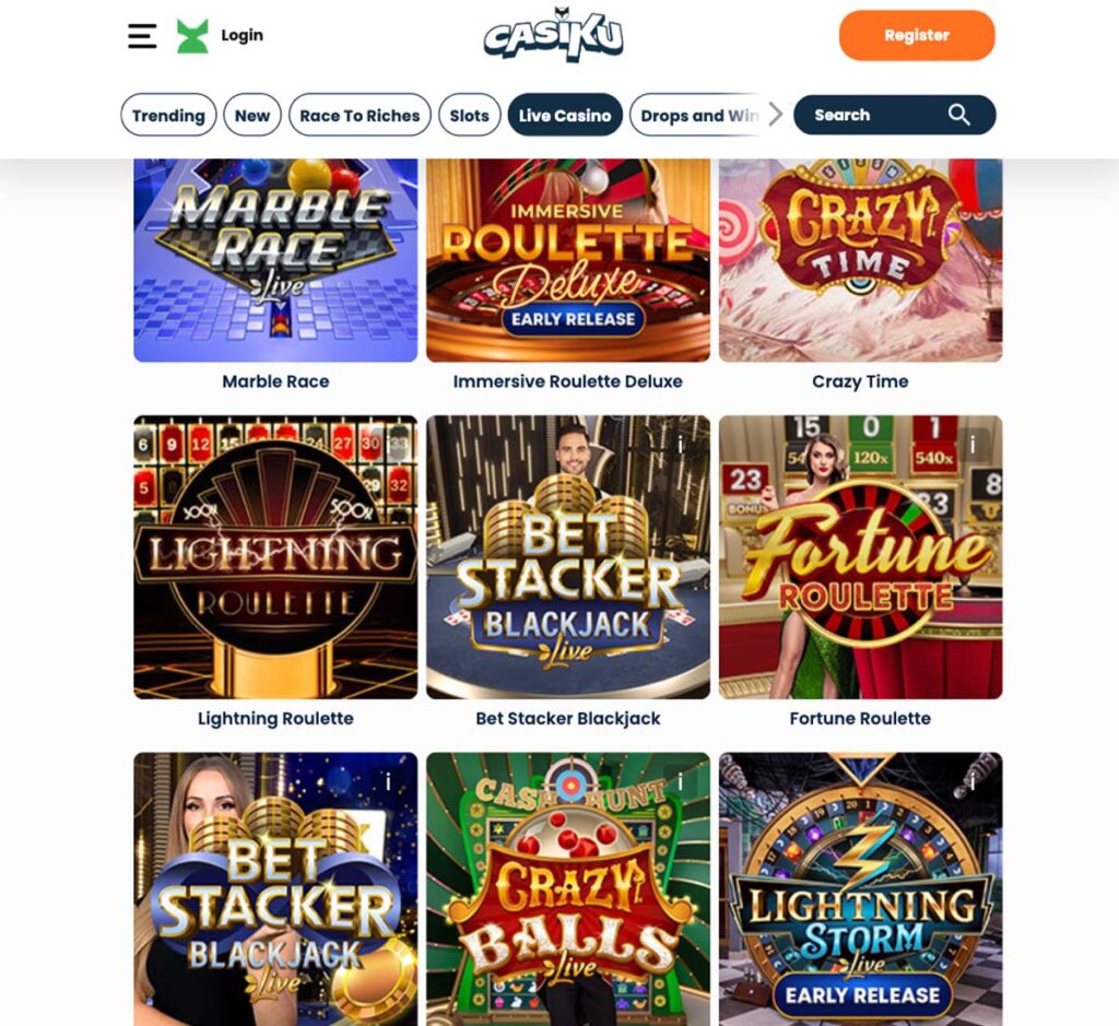 Casiku Casino desktop live casino screenshot displaying real-dealer tables including roulette, blackjack and baccarat with lobby navigation – tested