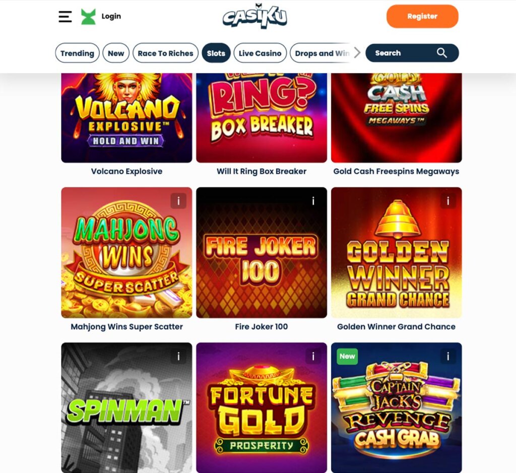 Casiku Casino desktop interface screenshot showing slots variety review with featured titles, categories and game providers – tested