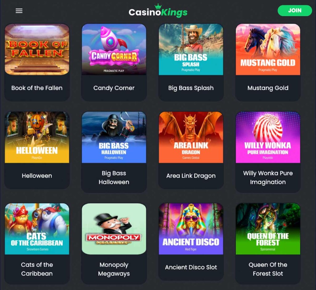 Casino Kings Casino desktop interface screenshot showing slots variety review with featured titles, categories and game providers – tested