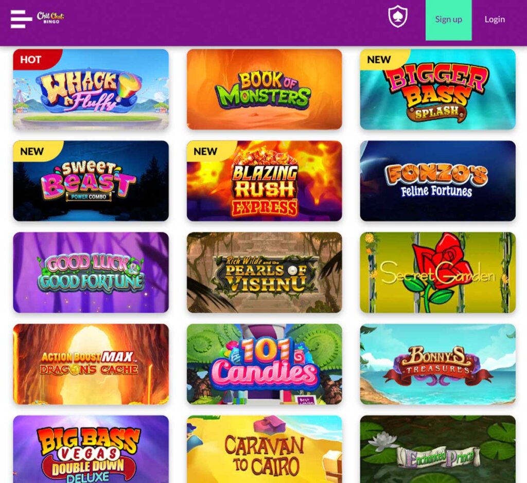 Chit Chat Bingo Casino desktop interface screenshot showing slots variety with featured titles, categories and game providers – tested