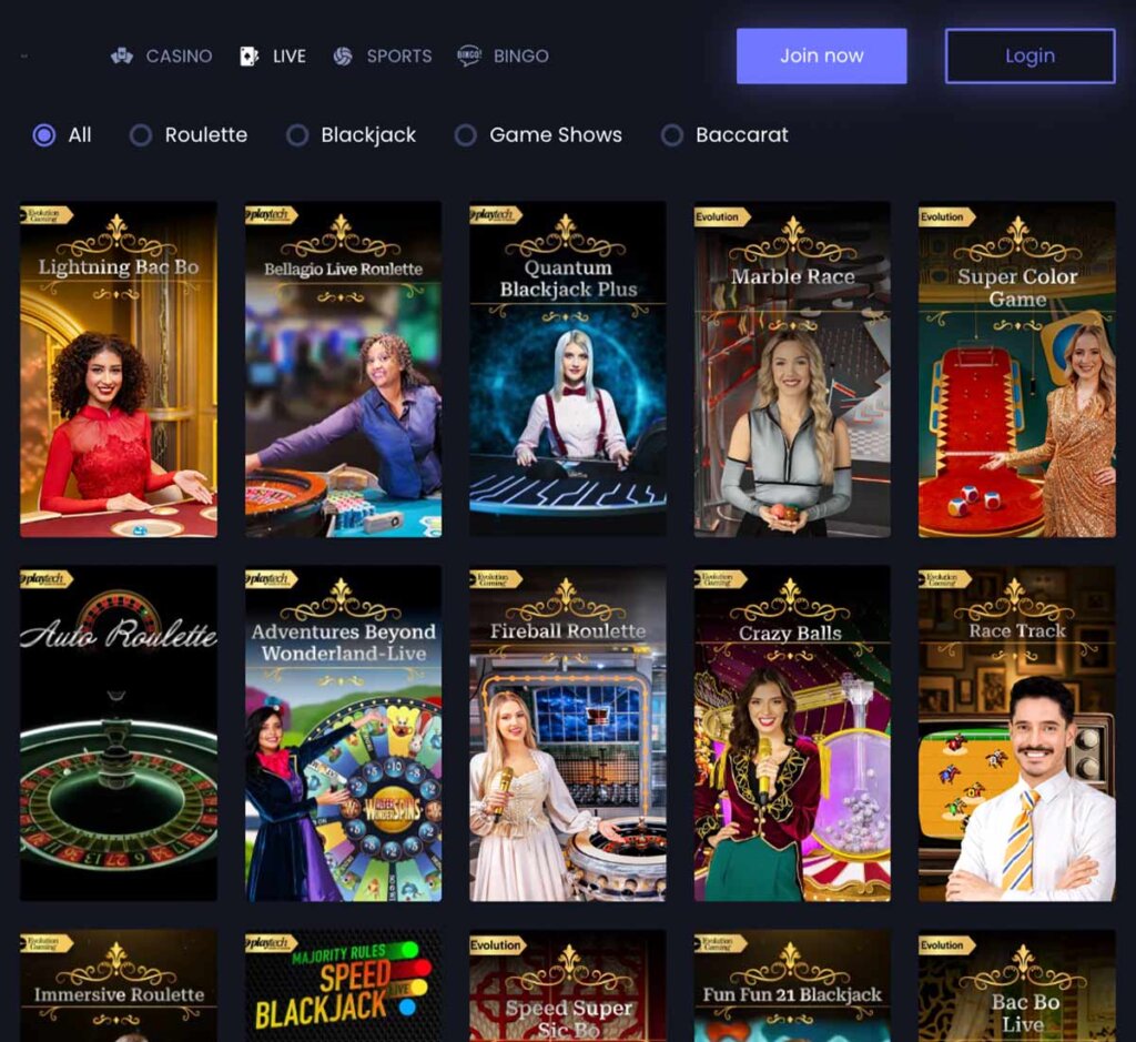Fruity King Casino desktop live casino screenshot displaying real-dealer tables including roulette, blackjack and baccarat with lobby navigation – tested