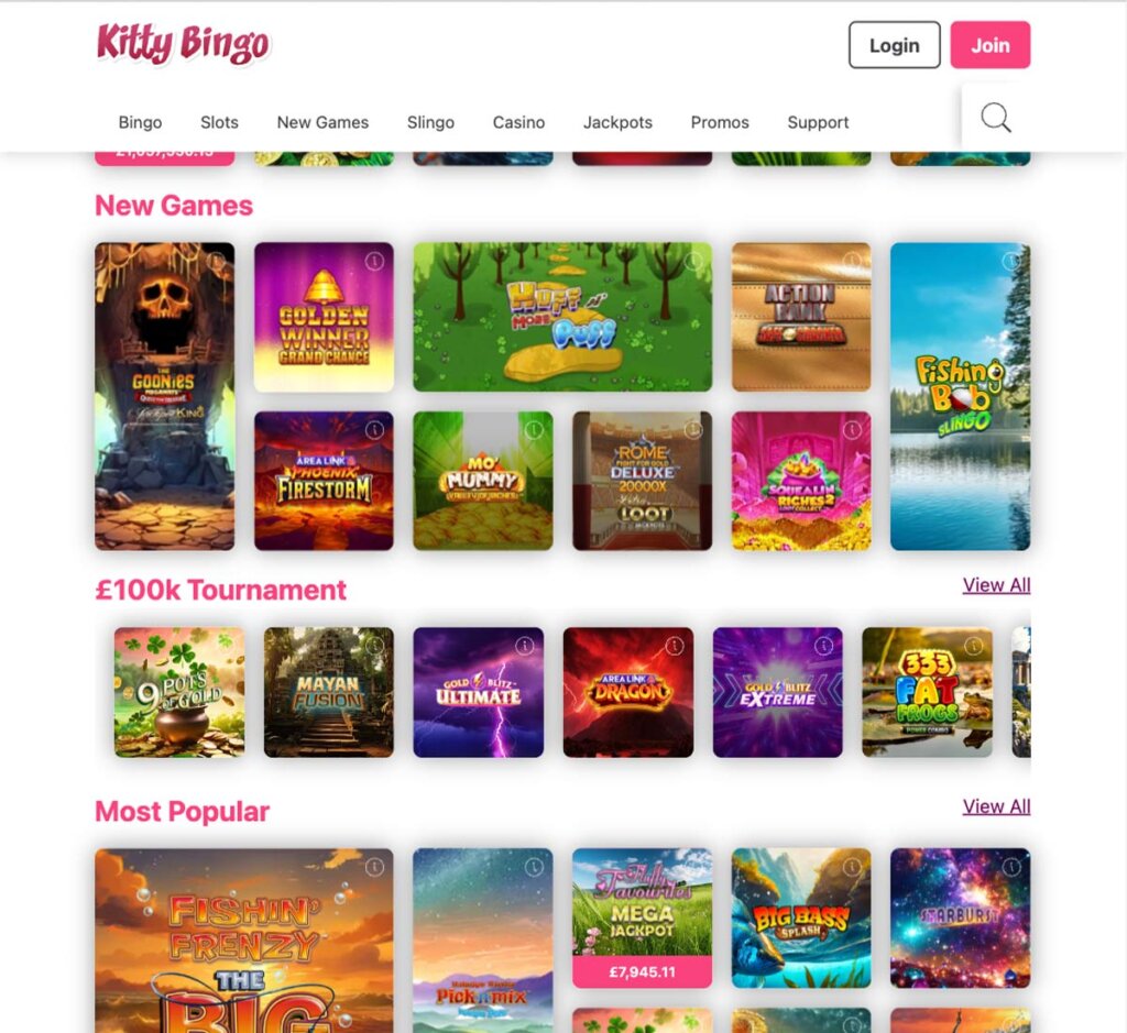 Kitty Bingo Casino desktop homepage screenshot showing main lobby with navigation menu, featured games and promotional banners – tested Kitty Bingo Casino desktop homepage screenshot showing main lobby with navigation menu, featured games and promotional banners – tested