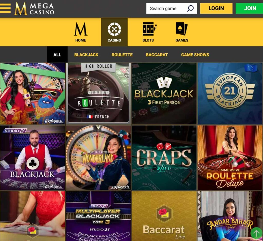 Mega Casino desktop live dealer games screenshot displaying tables including blackjack, roulette and baccarat with lobby navigation – tested