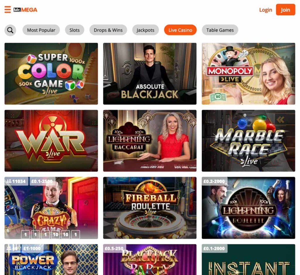 Mr. Mega Casino desktop live dealer games screenshot displaying tables including blackjack, roulette and baccarat – tested