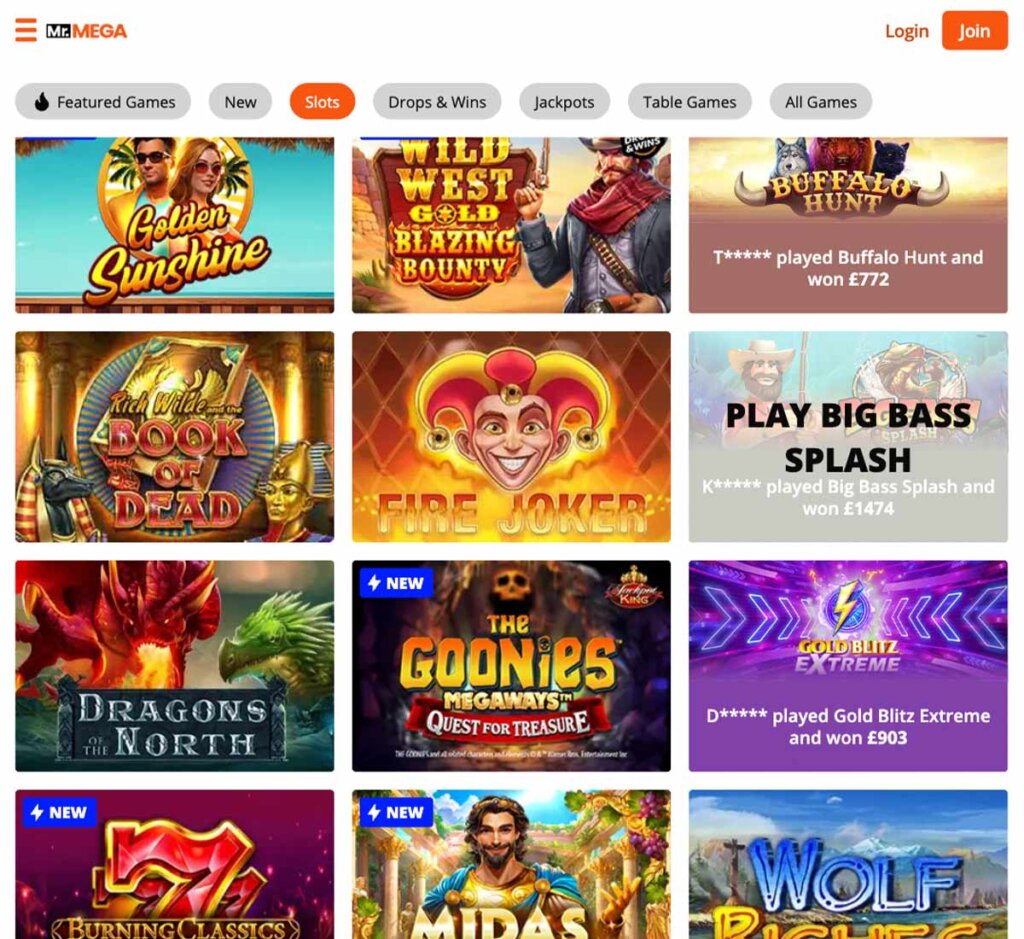 Mr. Mega Casino desktop interface screenshot showing slots variety with featured titles, categories and game providers – tested