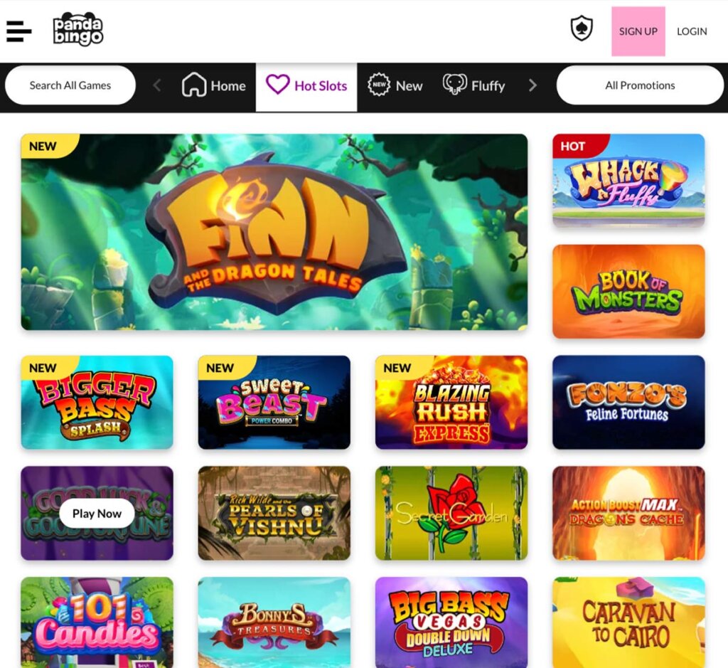 Panda Bingo Casino desktop interface screenshot showing slots variety with featured titles, categories and game providers – tested