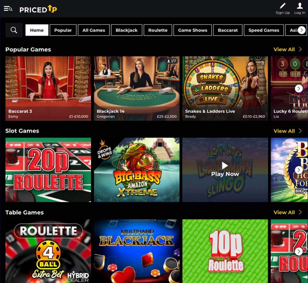 PriceDup Casino desktop live dealer games screenshot displaying tables including blackjack, roulette and baccarat – tested