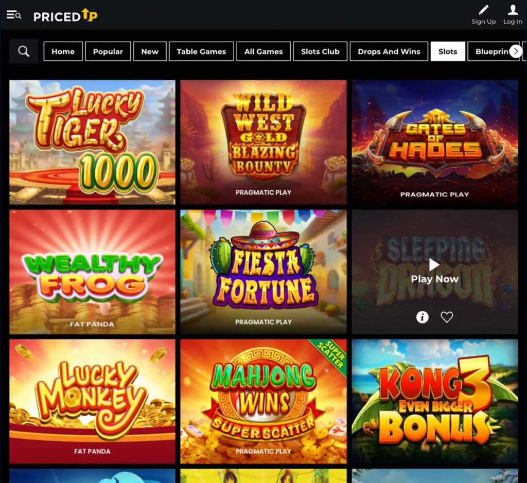 PriceDup Casino desktop slots screenshot showing featured games, categories and navigation – tested