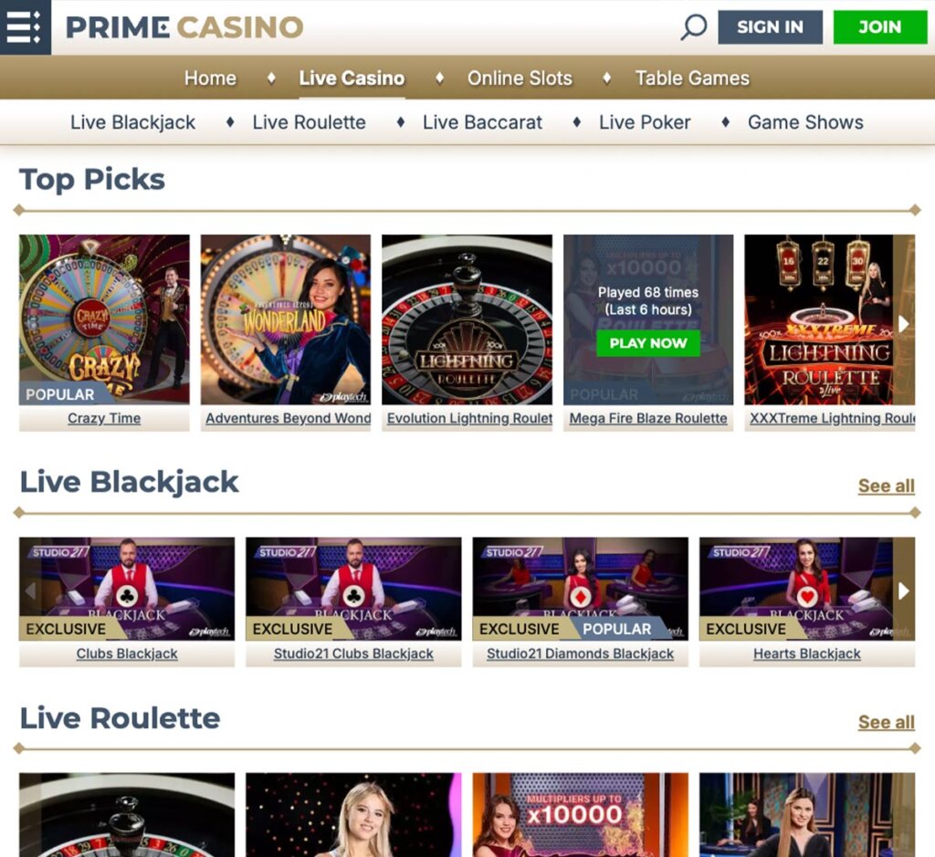 Prime Casino desktop live dealer games screenshot displaying tables including blackjack, roulette and baccarat – tested Prime Casino desktop live dealer games screenshot displaying tables including blackjack, roulette and baccarat – tested