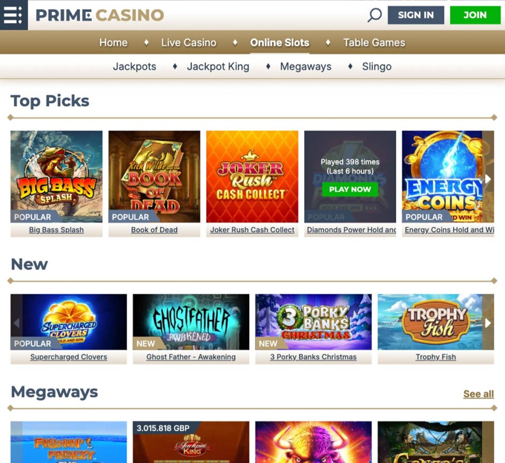 Prime Casino desktop slots screenshot showing featured games, categories and navigation – tested Prime Casino desktop slots screenshot showing featured games, categories and navigation – tested