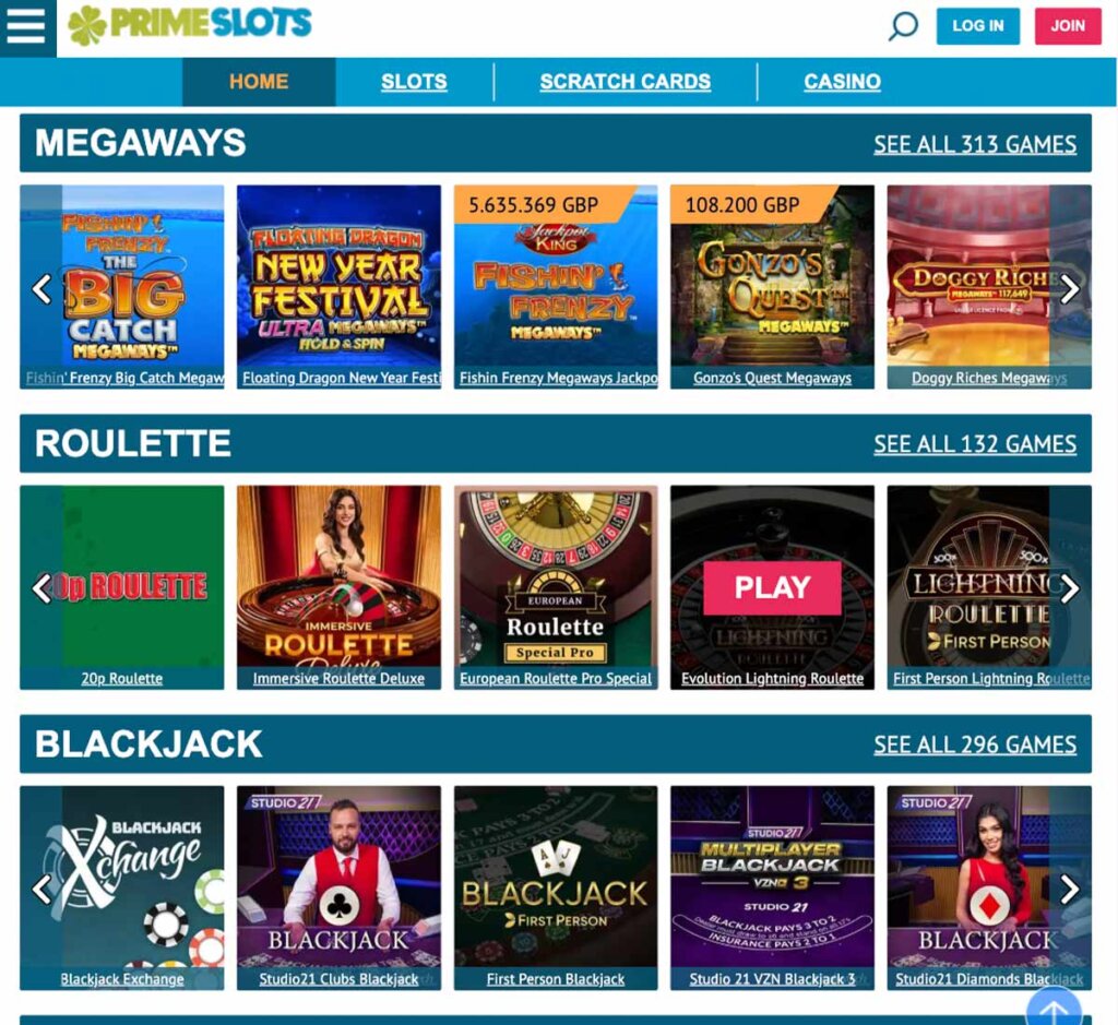 Prime Slots Casino desktop homepage screenshot showing main lobby with slots and live casino games – tested Prime Slots Casino desktop homepage screenshot showing main lobby with slots and live casino games – tested