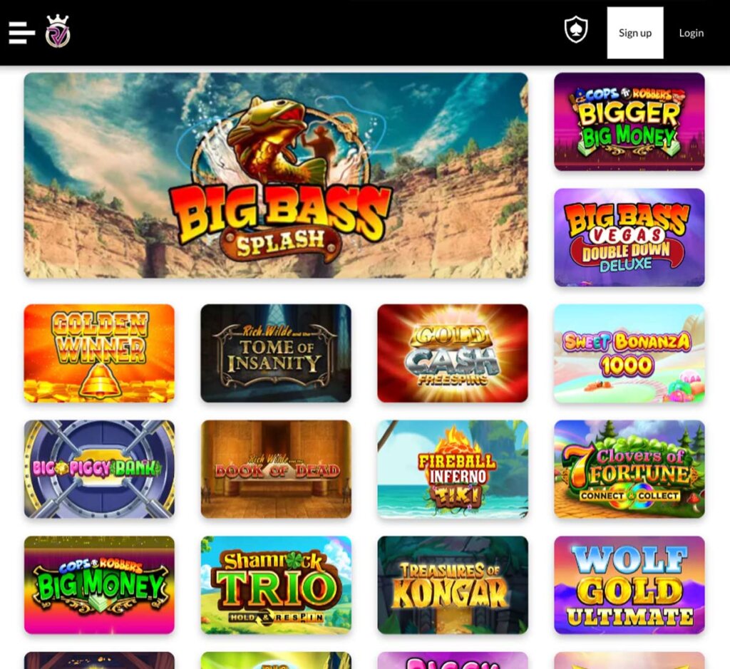 Royal Valley Casino desktop slots screenshot showing featured games, categories and navigation – tested