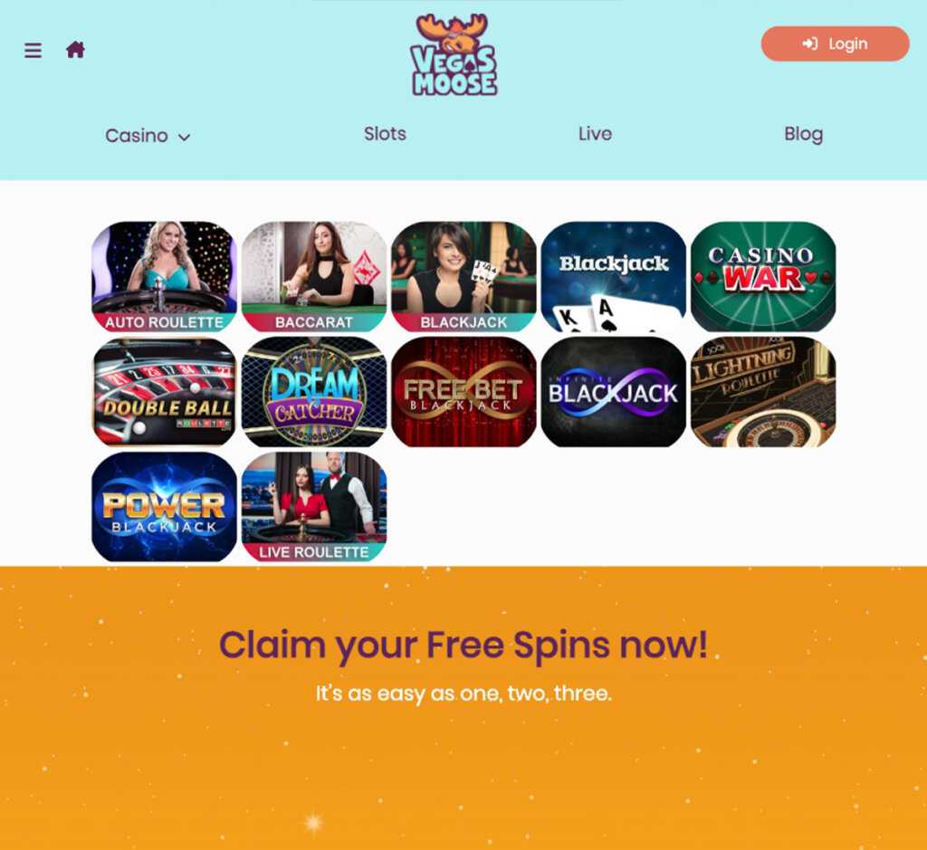 Vegas Moose Casino desktop screenshot showing live dealer tables and game collection - tested