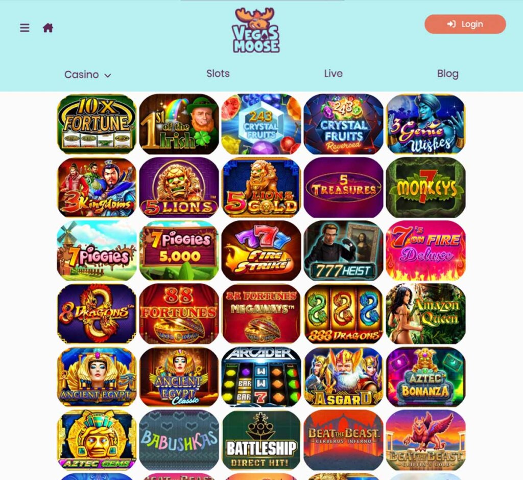 Vegas Moose Casino desktop screenshot showing variety of slot games and platform interface - tested