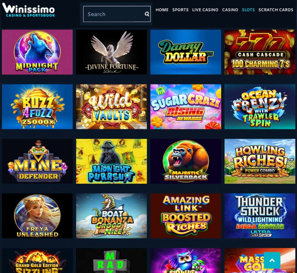Winissimo Casino desktop screenshot showing variety of slot games and platform interface - tested