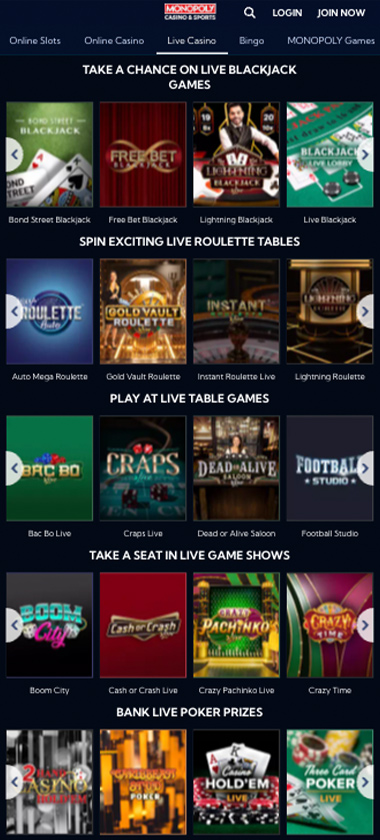Monopoly Casino mobile live dealer games screenshot showing tables including blackjack, roulette and baccarat on smartphone screen – tested