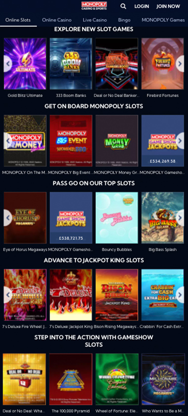Monopoly Casino mobile slots screenshot showing featured games, categories and navigation on smartphone screen – tested