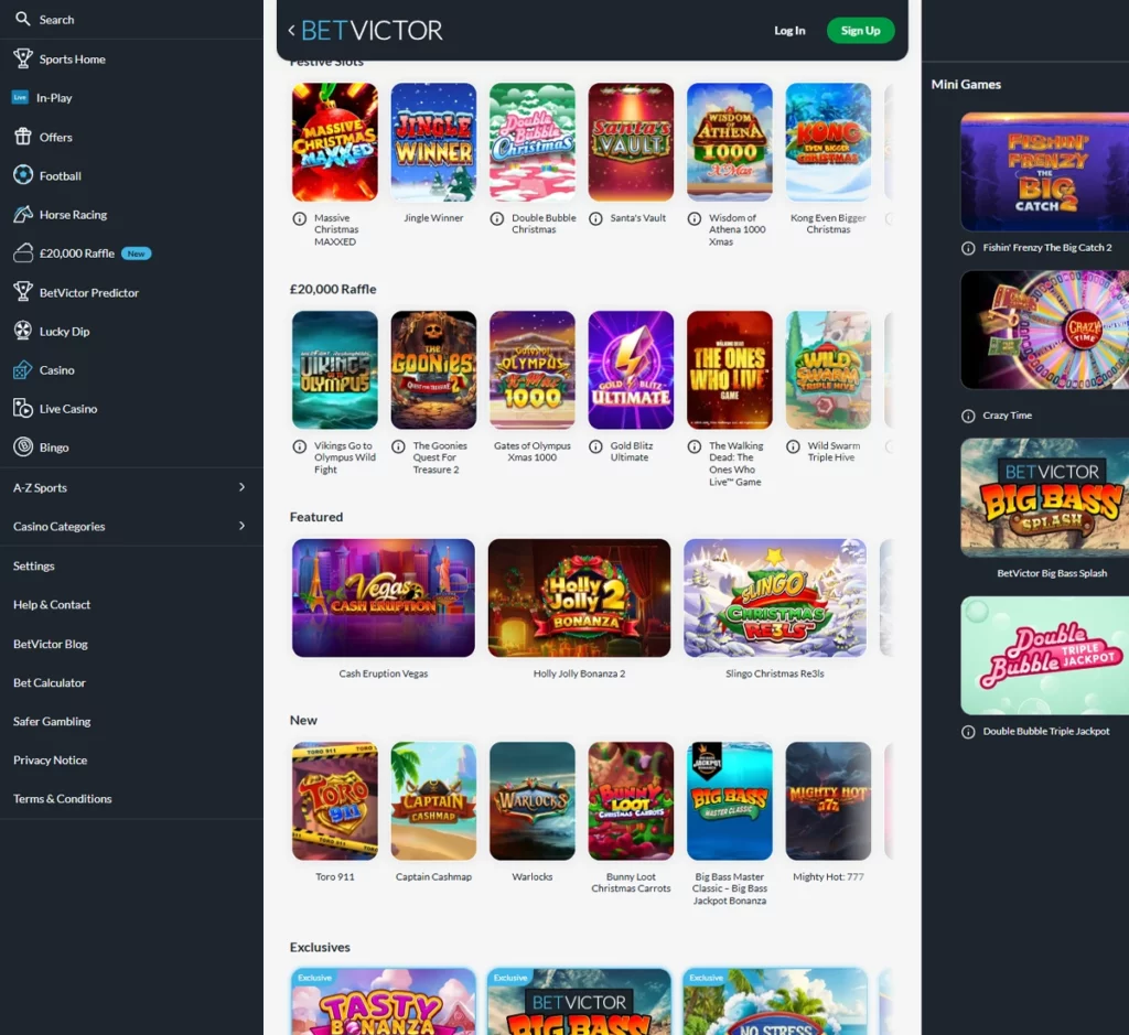 BetVictor Casino desktop homepage screenshot showing featured games, navigation menu, and promotional banners – tested