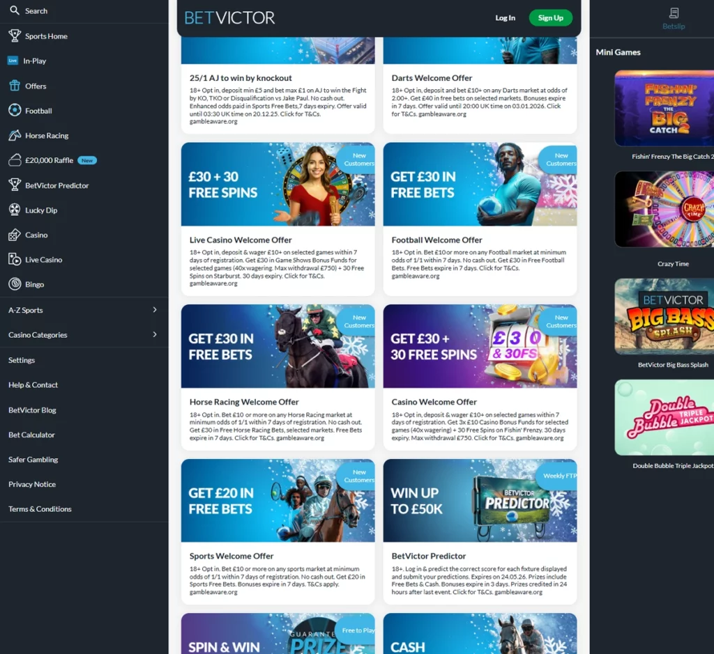 BetVictor Casino desktop offers page screenshot displaying active bonuses, promotions, and special deals – tested