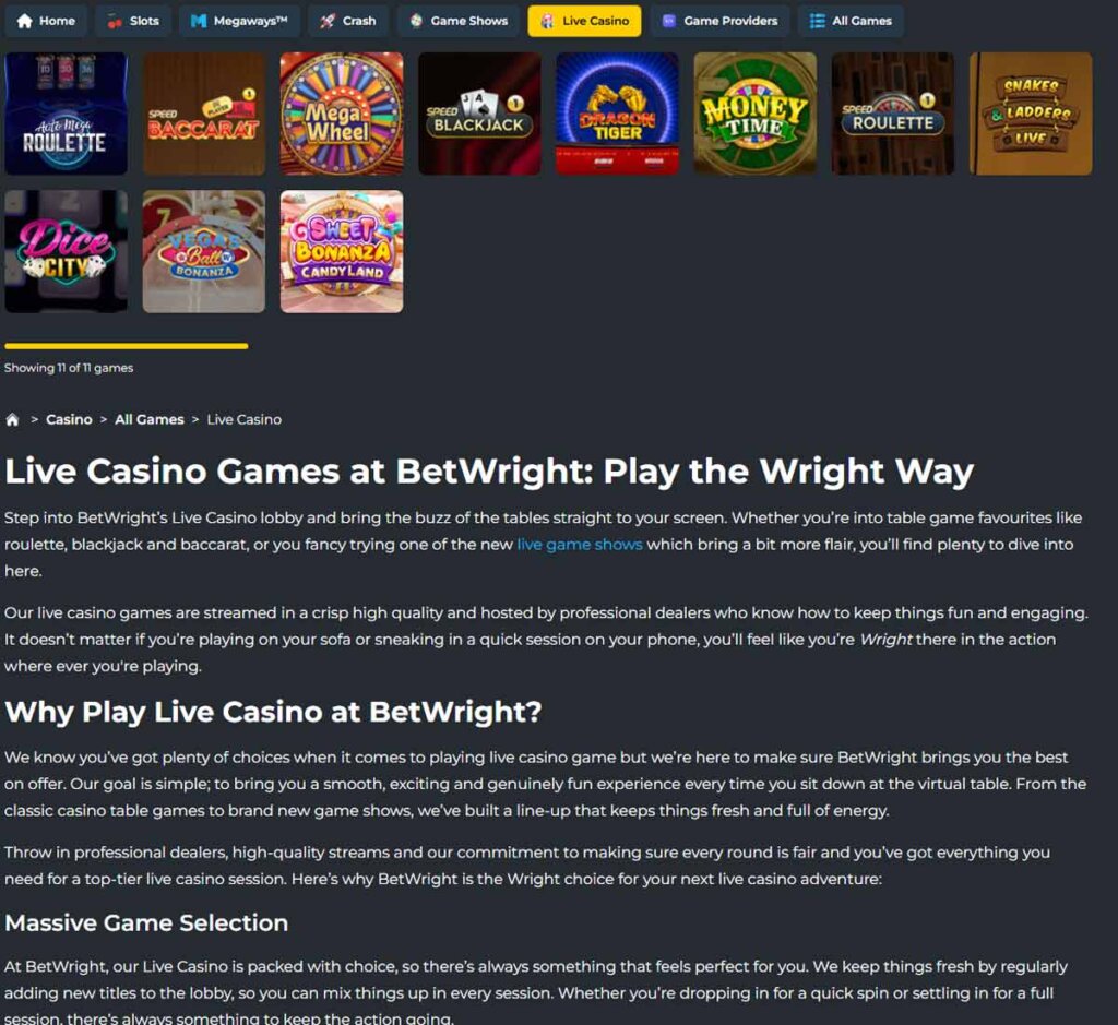 BetWright Casino desktop live casino screenshot showing real-dealer tables including roulette, blackjack and baccarat with lobby navigation - tested