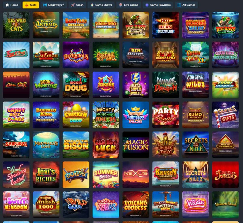 BetWright Casino desktop slots screenshot showing slot game categories, featured titles and filtering options - tested