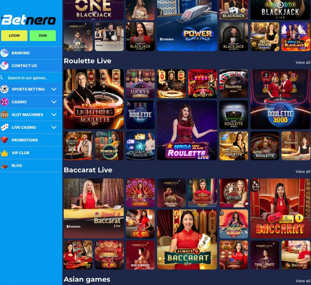 Betnero Casino desktop live casino screenshot showing real-dealer tables including roulette, blackjack and baccarat with lobby navigation - tested