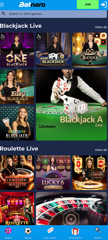 Betnero Casino mobile live casino screenshot showing real-dealer tables including roulette, blackjack and baccarat with compact lobby layout - tested